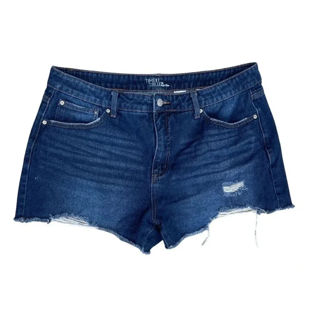 Time And Tru Women's High-Rise Cut Off Blue Jean Shorts - Distressed Denim